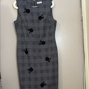 Calvin Klein Black & White Plaid Embroidered Sheath Midi Dress